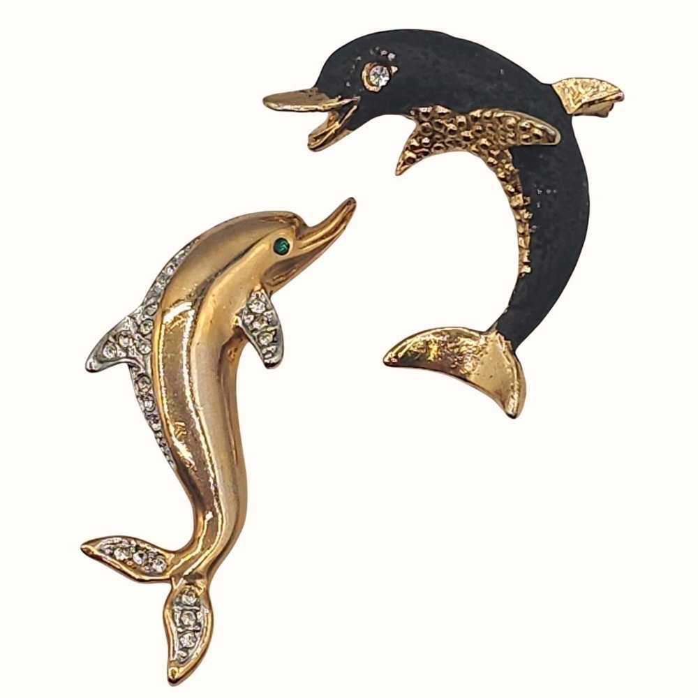 Dolphin Brooch Set of 2 Gold Tone Black Enamel Rhinestone Nautical‎ Pins Coastal